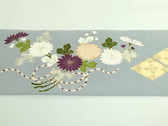 平和屋本店●極上　九寸名古屋帯　駒刺繍　結び紐菊文　灰青色地　金糸　鬼しぼ縮緬　逸品　DZAB3177kh6