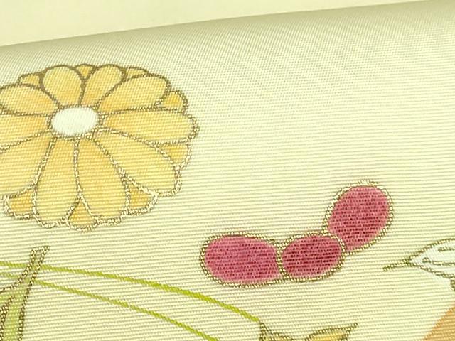 平和屋本店●極上 銀座 志ま亀 塩瀬 九寸名古屋帯 吹き寄せ花文 薄い淡黄色地 金彩 たとう紙付き 逸品 DZAB3181kh6