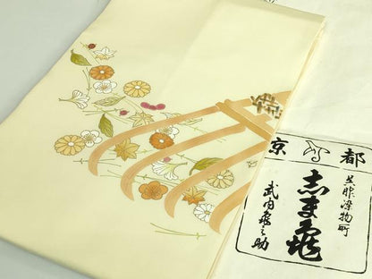 平和屋本店●極上 銀座 志ま亀 塩瀬 九寸名古屋帯 吹き寄せ花文 薄い淡黄色地 金彩 たとう紙付き 逸品 DZAB3181kh6