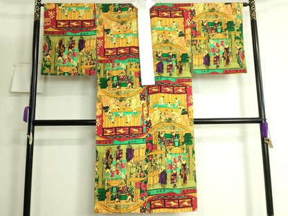 平和屋着物●上質な長襦袢　無双仕立て　歌川芳藤　浮世絵　猫の温泉　又たび湯　新版 猫の温泉　希少柄　逸品　未使用　DZAB3198kh6