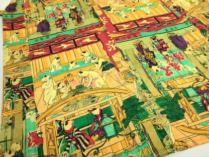 平和屋着物●上質な長襦袢　無双仕立て　歌川芳藤　浮世絵　猫の温泉　又たび湯　新版 猫の温泉　希少柄　逸品　未使用　DZAB3198kh6