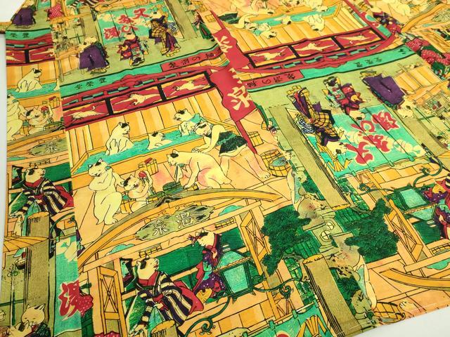 平和屋着物●上質な長襦袢　無双仕立て　歌川芳藤　浮世絵　猫の温泉　又たび湯　新版 猫の温泉　希少柄　逸品　未使用　DZAB3198kh6