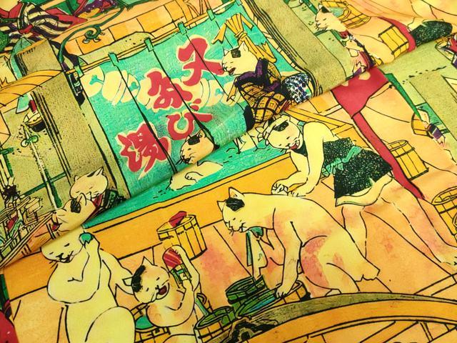 平和屋着物●上質な長襦袢　無双仕立て　歌川芳藤　浮世絵　猫の温泉　又たび湯　新版 猫の温泉　希少柄　逸品　未使用　DZAB3198kh6