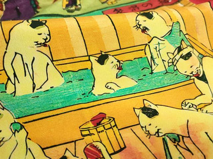 平和屋着物●上質な長襦袢　無双仕立て　歌川芳藤　浮世絵　猫の温泉　又たび湯　新版 猫の温泉　希少柄　逸品　未使用　DZAB3198kh6