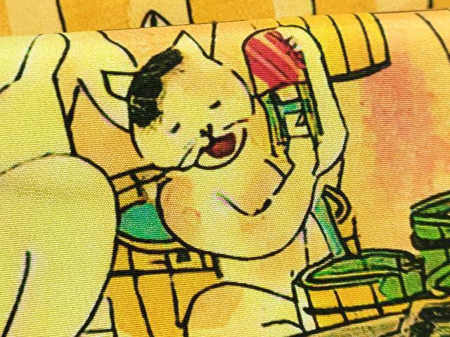 平和屋着物●上質な長襦袢　無双仕立て　歌川芳藤　浮世絵　猫の温泉　又たび湯　新版 猫の温泉　希少柄　逸品　未使用　DZAB3198kh6