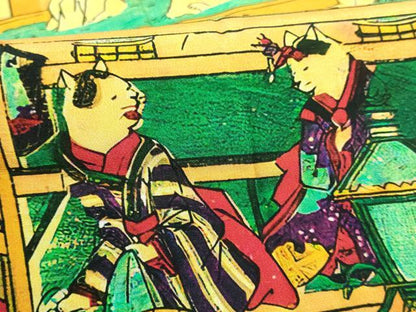平和屋着物●上質な長襦袢　無双仕立て　歌川芳藤　浮世絵　猫の温泉　又たび湯　新版 猫の温泉　希少柄　逸品　未使用　DZAB3198kh6
