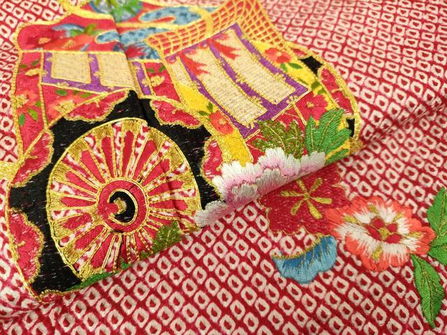 平和屋本店[]極上　七五三　女の子　3歳　祝着　三つ身　総絞り　刺繍　御所車花文　金糸　逸品　DZAB3204kh6