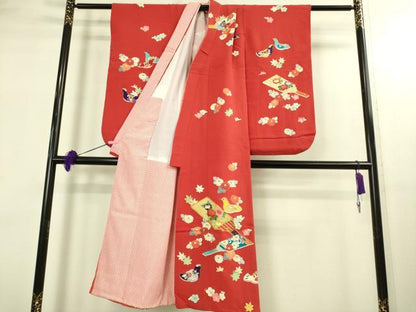 平和屋本店∵極上 女の子 十三参り 子供 祝着 駒刺繍 羽子板 鳥 舞花 金彩 鬼しぼ縮緬 逸品 DZAB3208kh6