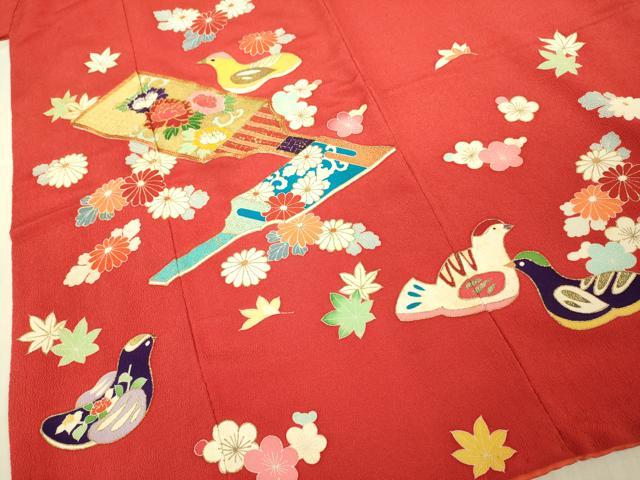 平和屋本店∵極上 女の子 十三参り 子供 祝着 駒刺繍 羽子板 鳥 舞花 金彩 鬼しぼ縮緬 逸品 DZAB3208kh6
