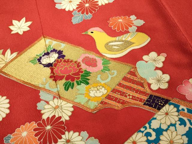 平和屋本店∵極上 女の子 十三参り 子供 祝着 駒刺繍 羽子板 鳥 舞花 金彩 鬼しぼ縮緬 逸品 DZAB3208kh6