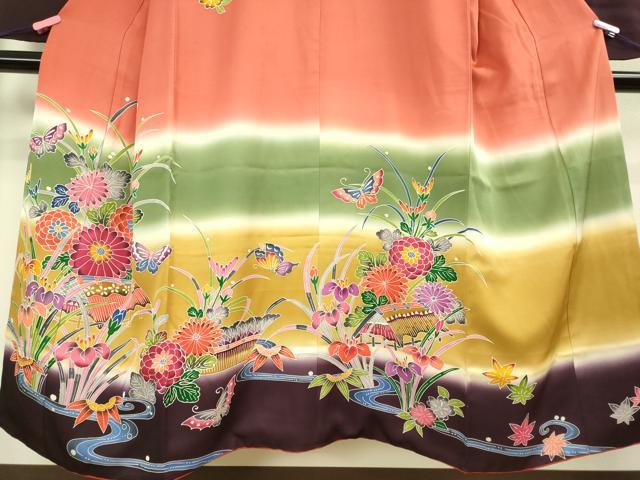 平和屋本店∵極上 女の子 十三参り 子供 祝着 紅型 流水花蝶文 暈し染め 逸品 DZAB3211kh6