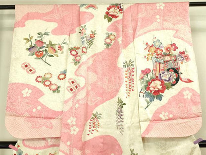 平和屋本店∵極上 女の子 十三参り 子供 祝着 絞り 御所車花文 金彩 逸品 DZAB3214kh6