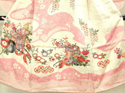 平和屋本店∵極上 女の子 十三参り 子供 祝着 絞り 御所車花文 金彩 逸品 DZAB3214kh6