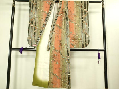 平和屋本店[]極上　子供　小紋　女の子　9・10歳　小紋・襦袢(半衿刺繍)セット　鼓扇面花鳥文　暈し染め　金彩　逸品　DZAB3215kh6