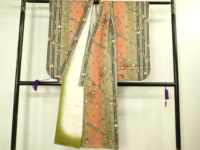 平和屋本店[]極上　子供　小紋　女の子　9・10歳　小紋・襦袢(半衿刺繍)セット　鼓扇面花鳥文　暈し染め　金彩　逸品　DZAB3215kh6