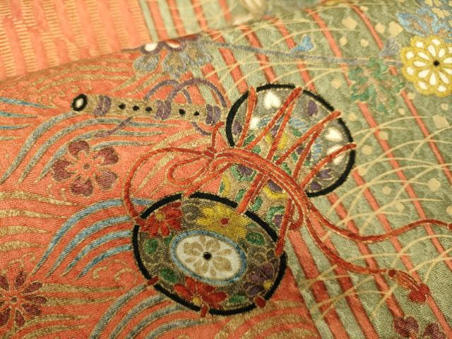 平和屋本店[]極上　子供　小紋　女の子　9・10歳　小紋・襦袢(半衿刺繍)セット　鼓扇面花鳥文　暈し染め　金彩　逸品　DZAB3215kh6
