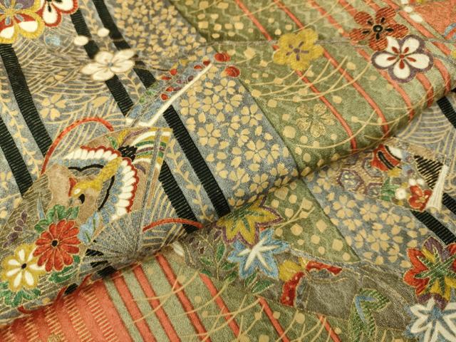 平和屋本店[]極上　子供　小紋　女の子　9・10歳　小紋・襦袢(半衿刺繍)セット　鼓扇面花鳥文　暈し染め　金彩　逸品　DZAB3215kh6