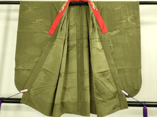 平和屋本店[]極上　子供　小紋　女の子　9・10歳　小紋・襦袢(半衿刺繍)セット　鼓扇面花鳥文　暈し染め　金彩　逸品　DZAB3215kh6