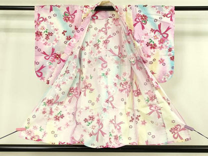 平和屋本店∴極上 夏物 子供 女の子 浴衣 綿紅梅 リボン 舞花 暈し染め 逸品 DZAB3224kh6