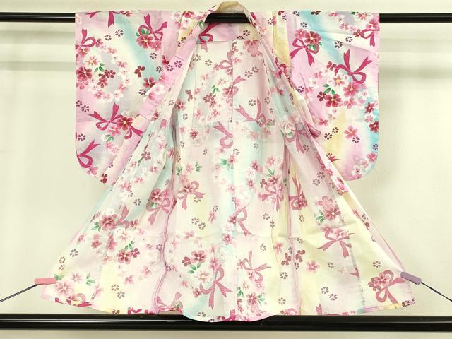 平和屋本店∴極上 夏物 子供 女の子 浴衣 綿紅梅 リボン 舞花 暈し染め 逸品 DZAB3224kh6