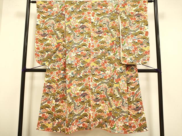 平和屋本店[]極上　子供　女の子　9・10歳　小紋　梅松　金彩　鬼しぼ縮緬　逸品　DZAB3229kh6