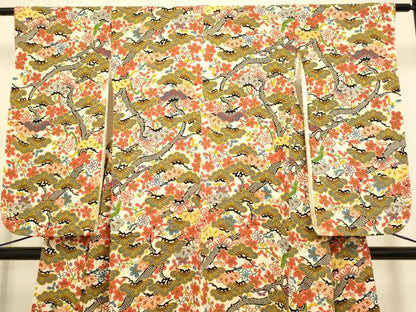 平和屋本店[]極上　子供　女の子　9・10歳　小紋　梅松　金彩　鬼しぼ縮緬　逸品　DZAB3229kh6