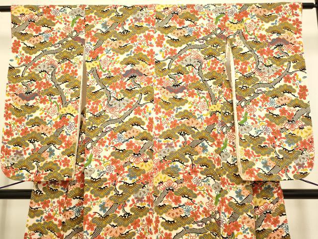 平和屋本店[]極上　子供　女の子　9・10歳　小紋　梅松　金彩　鬼しぼ縮緬　逸品　DZAB3229kh6