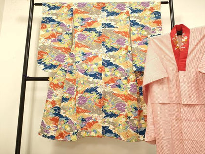 平和屋本店[]極上　子供　女の子　9・10歳　小紋・襦袢(半衿刺繍)セット　立浪御所車花文　逸品　DZAB3235kh6