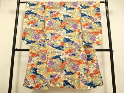 平和屋本店[]極上　子供　女の子　9・10歳　小紋・襦袢(半衿刺繍)セット　立浪御所車花文　逸品　DZAB3235kh6