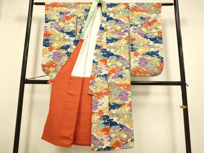 平和屋本店[]極上　子供　女の子　9・10歳　小紋・襦袢(半衿刺繍)セット　立浪御所車花文　逸品　DZAB3235kh6