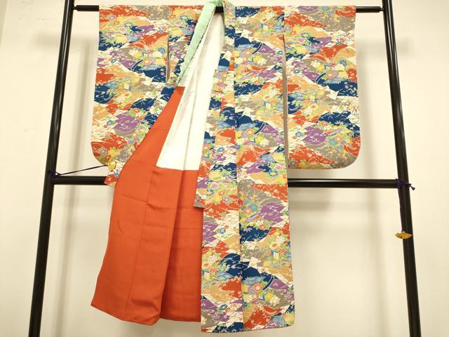 平和屋本店[]極上　子供　女の子　9・10歳　小紋・襦袢(半衿刺繍)セット　立浪御所車花文　逸品　DZAB3235kh6