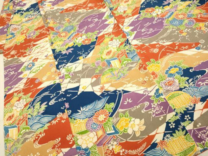 平和屋本店[]極上　子供　女の子　9・10歳　小紋・襦袢(半衿刺繍)セット　立浪御所車花文　逸品　DZAB3235kh6