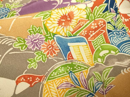 平和屋本店[]極上　子供　女の子　9・10歳　小紋・襦袢(半衿刺繍)セット　立浪御所車花文　逸品　DZAB3235kh6