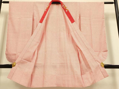 平和屋本店[]極上　子供　女の子　9・10歳　小紋・襦袢(半衿刺繍)セット　立浪御所車花文　逸品　DZAB3235kh6