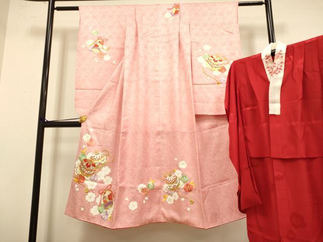 平和屋本店[]極上　七五三　女の子　7]歳　祝着・襦袢(半衿刺繍)セット　駒刺繍　絞り　舞桜　鈴　鐘　金彩　逸品　DZAB3238kh6