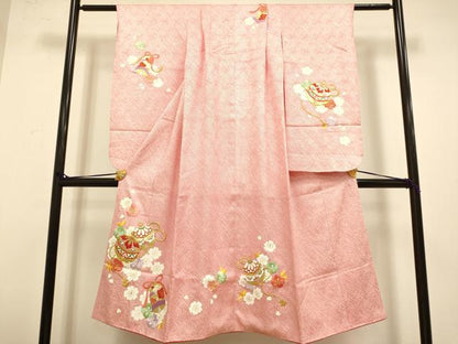 平和屋本店[]極上　七五三　女の子　7]歳　祝着・襦袢(半衿刺繍)セット　駒刺繍　絞り　舞桜　鈴　鐘　金彩　逸品　DZAB3238kh6