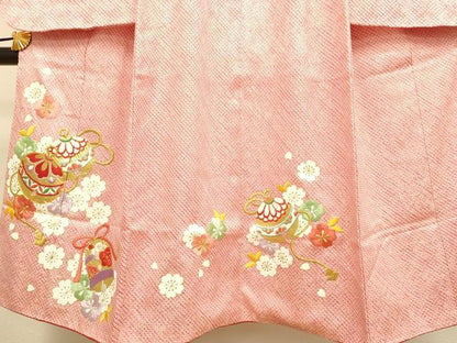 平和屋本店[]極上　七五三　女の子　7]歳　祝着・襦袢(半衿刺繍)セット　駒刺繍　絞り　舞桜　鈴　鐘　金彩　逸品　DZAB3238kh6