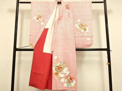 平和屋本店[]極上　七五三　女の子　7]歳　祝着・襦袢(半衿刺繍)セット　駒刺繍　絞り　舞桜　鈴　鐘　金彩　逸品　DZAB3238kh6