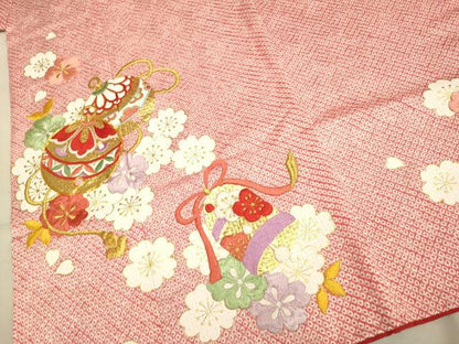 平和屋本店[]極上　七五三　女の子　7]歳　祝着・襦袢(半衿刺繍)セット　駒刺繍　絞り　舞桜　鈴　鐘　金彩　逸品　DZAB3238kh6
