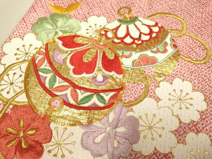 平和屋本店[]極上　七五三　女の子　7]歳　祝着・襦袢(半衿刺繍)セット　駒刺繍　絞り　舞桜　鈴　鐘　金彩　逸品　DZAB3238kh6