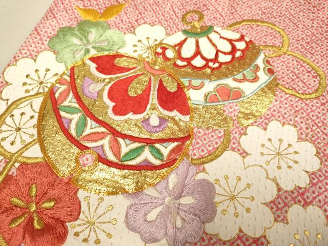 平和屋本店[]極上　七五三　女の子　7]歳　祝着・襦袢(半衿刺繍)セット　駒刺繍　絞り　舞桜　鈴　鐘　金彩　逸品　DZAB3238kh6