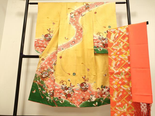 平和屋本店∵極上 女の子 十三参り 子供 祝着・袋帯・しごきセット 駒刺繍 舞蝶鈴花文 暈し染め 金彩 逸品 DZAB3241kh6