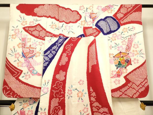 平和屋本店[]極上　七五三　女の子　７歳　祝着　四つ身　絞り　束ね熨斗糸車花文　逸品　DZAB3246kh6