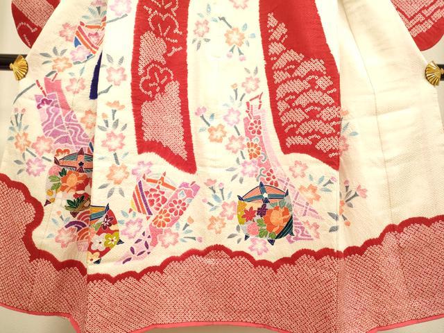 平和屋本店[]極上　七五三　女の子　７歳　祝着　四つ身　絞り　束ね熨斗糸車花文　逸品　DZAB3246kh6