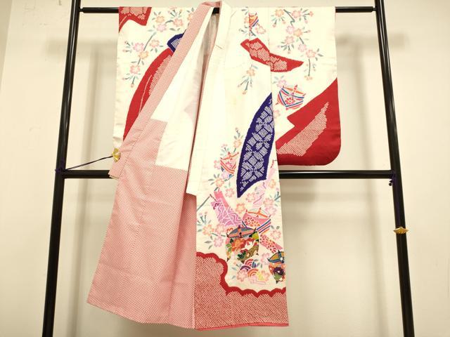 平和屋本店[]極上　七五三　女の子　７歳　祝着　四つ身　絞り　束ね熨斗糸車花文　逸品　DZAB3246kh6