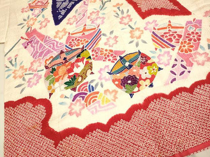 平和屋本店[]極上　七五三　女の子　７歳　祝着　四つ身　絞り　束ね熨斗糸車花文　逸品　DZAB3246kh6