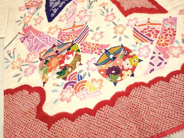 平和屋本店[]極上　七五三　女の子　７歳　祝着　四つ身　絞り　束ね熨斗糸車花文　逸品　DZAB3246kh6