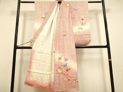 平和屋本店∵極上 女の子 十三参り 子供 祝着・襦袢セット 刺繍 絞り 檜扇飛鶴 松竹梅 暈し染め 金銀糸 逸品 DZAB3247kh6