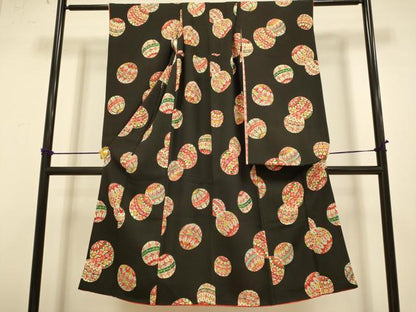 平和屋本店∵極上 女の子 十三参り 子供 祝着 型染 毬 黒地 逸品 DZAB3251kh6