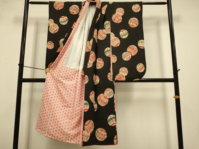 平和屋本店∵極上 女の子 十三参り 子供 祝着 型染 毬 黒地 逸品 DZAB3251kh6